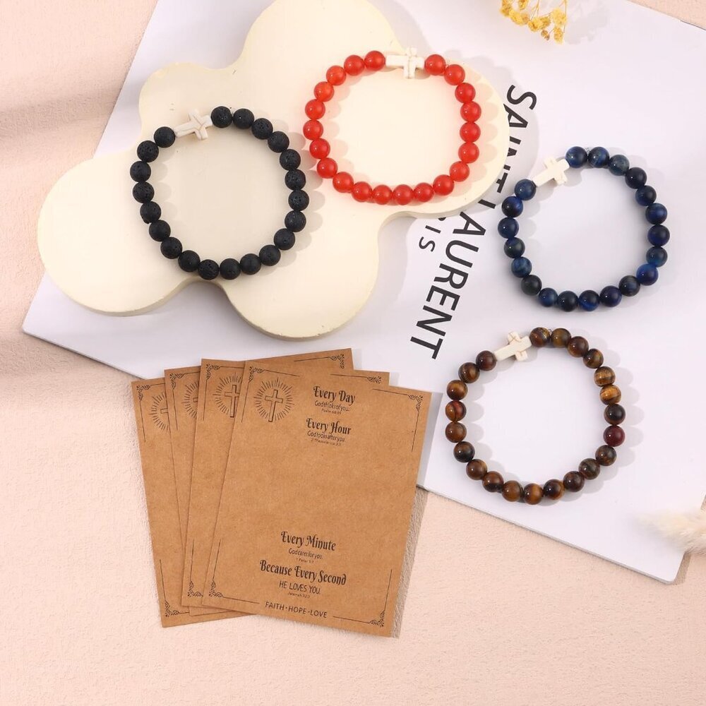 12Pcs Cross Bracelets Set Gemstone Beaded Stretch Faith Jewelry Unisex - Picture 7 of 7